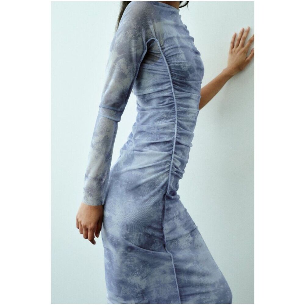 ZARA One Sleeve Asymmetrical Tulle Mesh Lined Midi Dress Blue Size Small - Picture 5 of 8